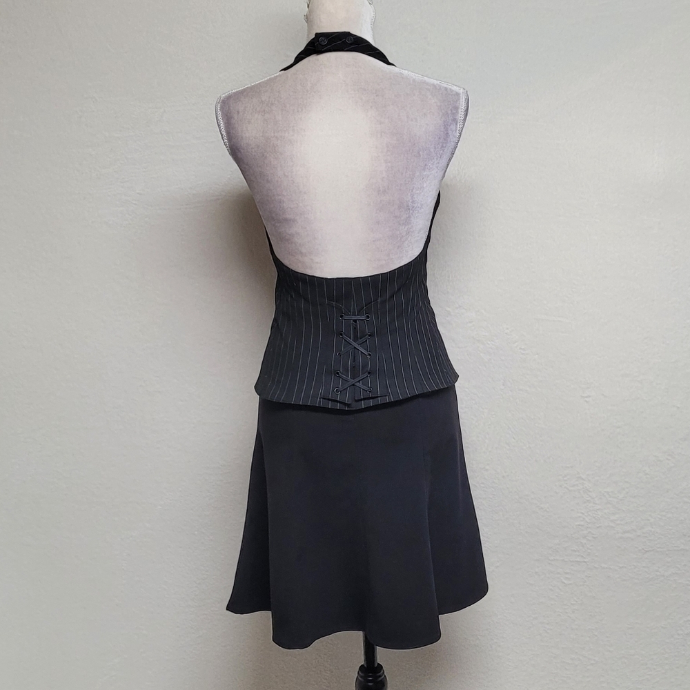 The Limited Rare Vintage Black Pinstripe Backless Halter Vest Flared Mini Skirt - Picture 7 of 15